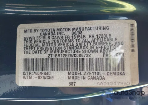 1998 Toyota Corolla Ve/Ce/Le z USA, uszkodzony, nr VIN 2T1BR12E2WC086732